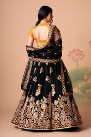 Black and Mustard Yellow Embroidered Lehenga Choli with Floral Dupatta