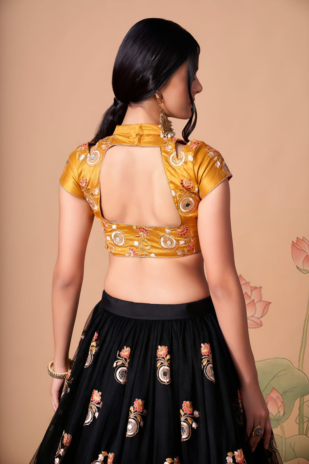 Black and Mustard Yellow Embroidered Lehenga Choli with Floral Dupatta