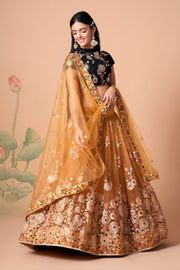 Black and Golden Beige Embroidered Lehenga Choli with Sheer Dupatta