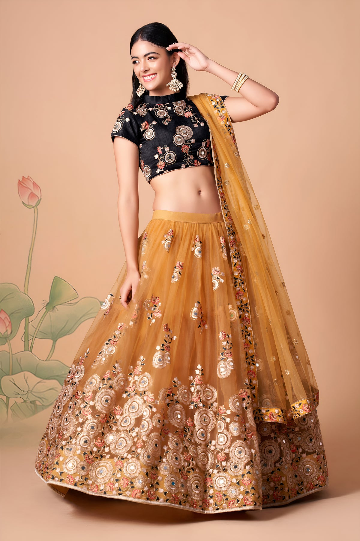 Black and Golden Beige Embroidered Lehenga Choli with Sheer Dupatta