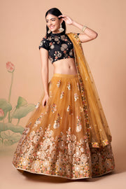 Black and Golden Beige Embroidered Lehenga Choli with Sheer Dupatta