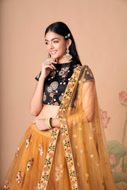 Black and Golden Beige Embroidered Lehenga Choli with Sheer Dupatta