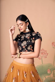 Black and Golden Beige Embroidered Lehenga Choli with Sheer Dupatta