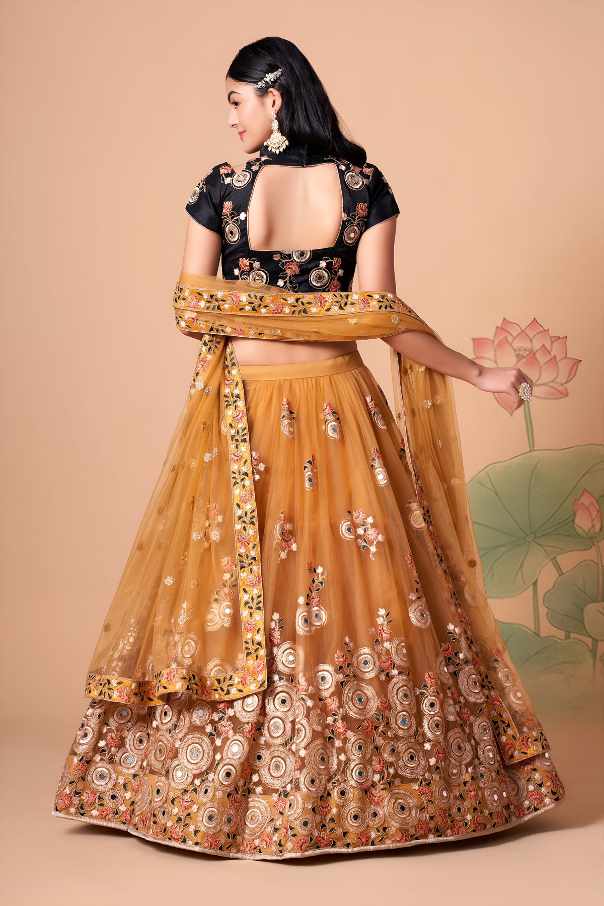 Black and Golden Beige Embroidered Lehenga Choli with Sheer Dupatta