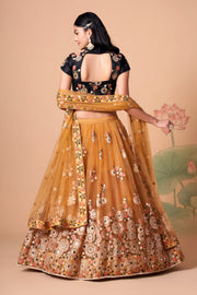 Black and Golden Beige Embroidered Lehenga Choli with Sheer Dupatta