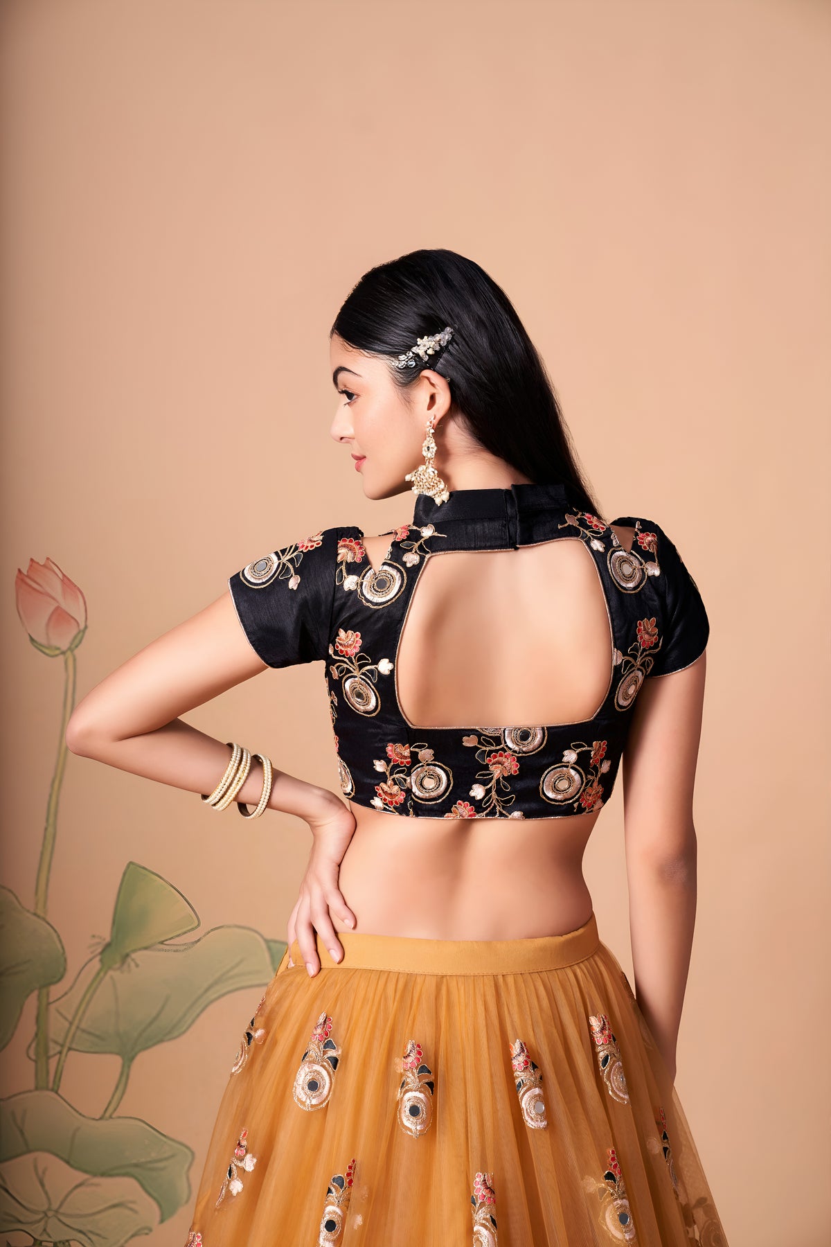 Black and Golden Beige Embroidered Lehenga Choli with Sheer Dupatta