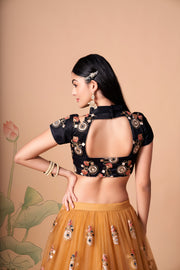 Black and Golden Beige Embroidered Lehenga Choli with Sheer Dupatta