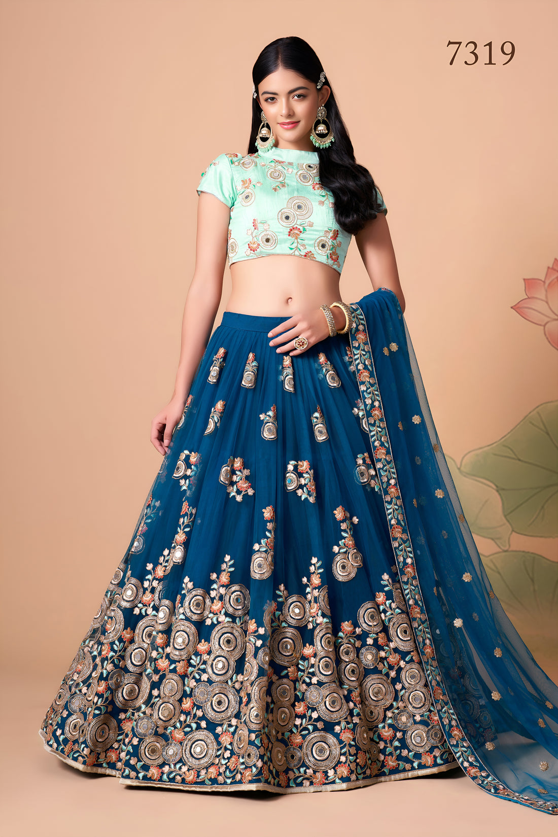 Teal Blue Embroidered Lehenga Choli with Mint Green Blouse and Dupatta