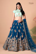 Teal Blue Embroidered Lehenga Choli with Mint Green Blouse and Dupatta