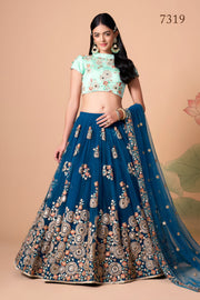 Teal Blue Embroidered Lehenga Choli with Mint Green Blouse and Dupatta
