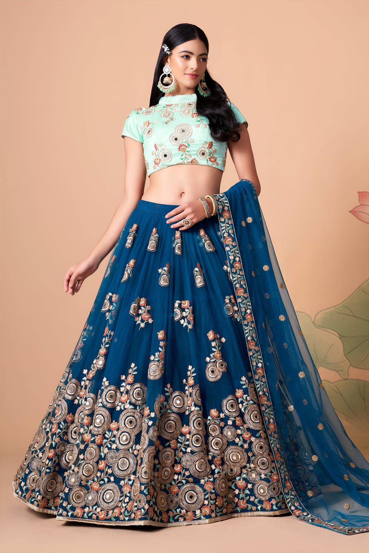 Teal Blue Embroidered Lehenga Choli with Mint Green Blouse and Dupatta