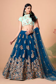 Teal Blue Embroidered Lehenga Choli with Mint Green Blouse and Dupatta
