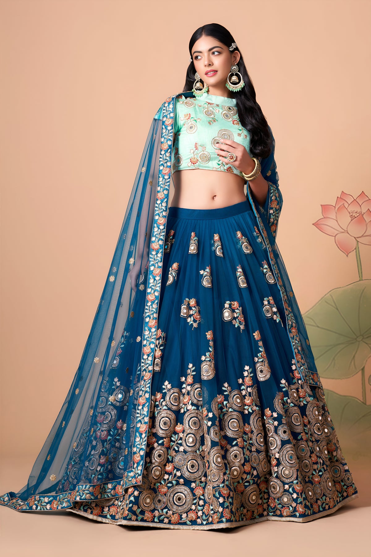 Teal Blue Embroidered Lehenga Choli with Mint Green Blouse and Dupatta