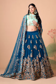 Teal Blue Embroidered Lehenga Choli with Mint Green Blouse and Dupatta
