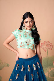 Teal Blue Embroidered Lehenga Choli with Mint Green Blouse and Dupatta