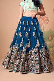 Teal Blue Embroidered Lehenga Choli with Mint Green Blouse and Dupatta