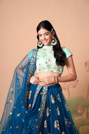 Teal Blue Embroidered Lehenga Choli with Mint Green Blouse and Dupatta