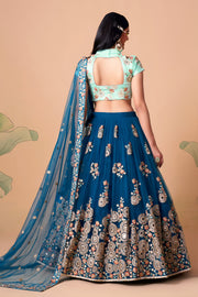 Teal Blue Embroidered Lehenga Choli with Mint Green Blouse and Dupatta