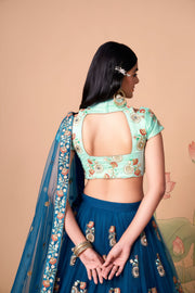 Teal Blue Embroidered Lehenga Choli with Mint Green Blouse and Dupatta