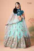 Aqua Blue Embroidered Lehenga Choli with Teal Blouse and Sheer Dupatta