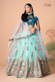 Aqua Blue Embroidered Lehenga Choli with Teal Blouse and Sheer Dupatta