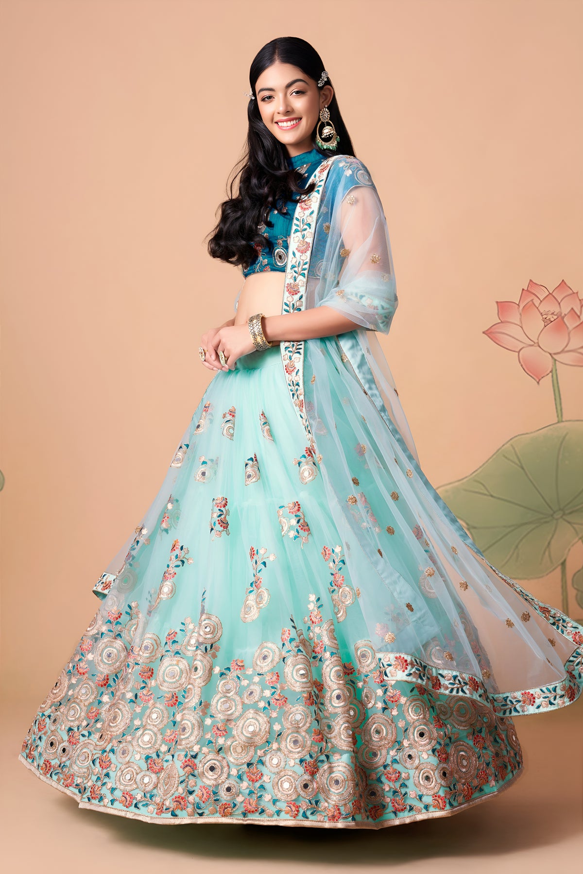 Aqua Blue Embroidered Lehenga Choli with Teal Blouse and Sheer Dupatta