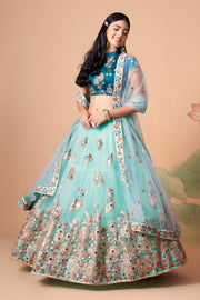 Aqua Blue Embroidered Lehenga Choli with Teal Blouse and Sheer Dupatta