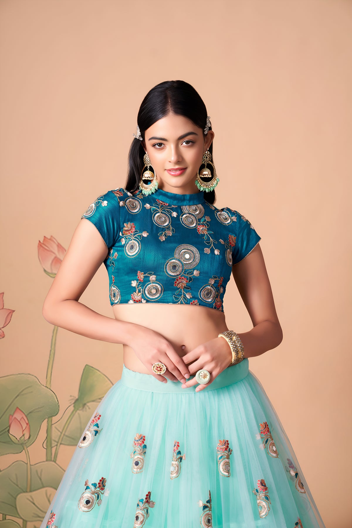 Aqua Blue Embroidered Lehenga Choli with Teal Blouse and Sheer Dupatta