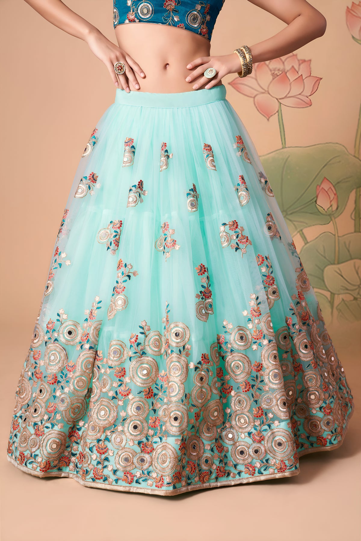 Aqua Blue Embroidered Lehenga Choli with Teal Blouse and Sheer Dupatta