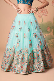 Aqua Blue Embroidered Lehenga Choli with Teal Blouse and Sheer Dupatta