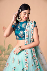Aqua Blue Embroidered Lehenga Choli with Teal Blouse and Sheer Dupatta