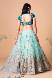 Aqua Blue Embroidered Lehenga Choli with Teal Blouse and Sheer Dupatta