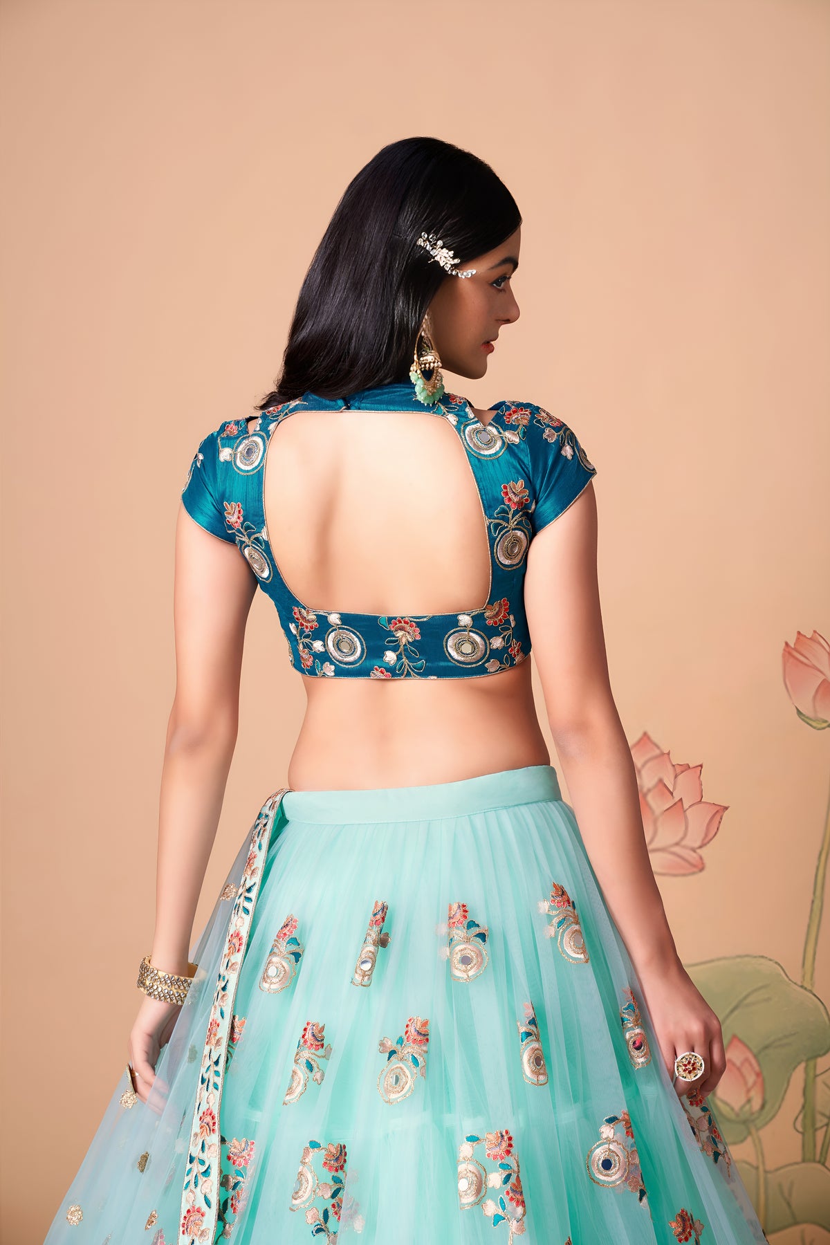 Aqua Blue Embroidered Lehenga Choli with Teal Blouse and Sheer Dupatta