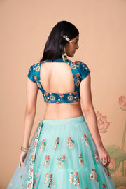 Aqua Blue Embroidered Lehenga Choli with Teal Blouse and Sheer Dupatta