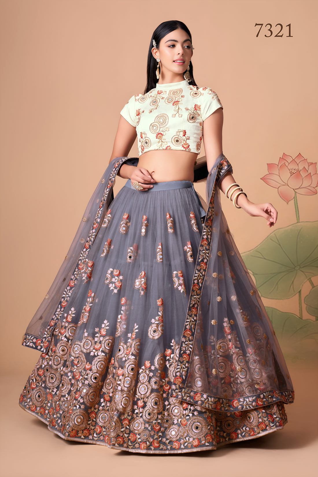 Grey Embroidered Lehenga Choli with Ivory Blouse and Matching Dupatta
