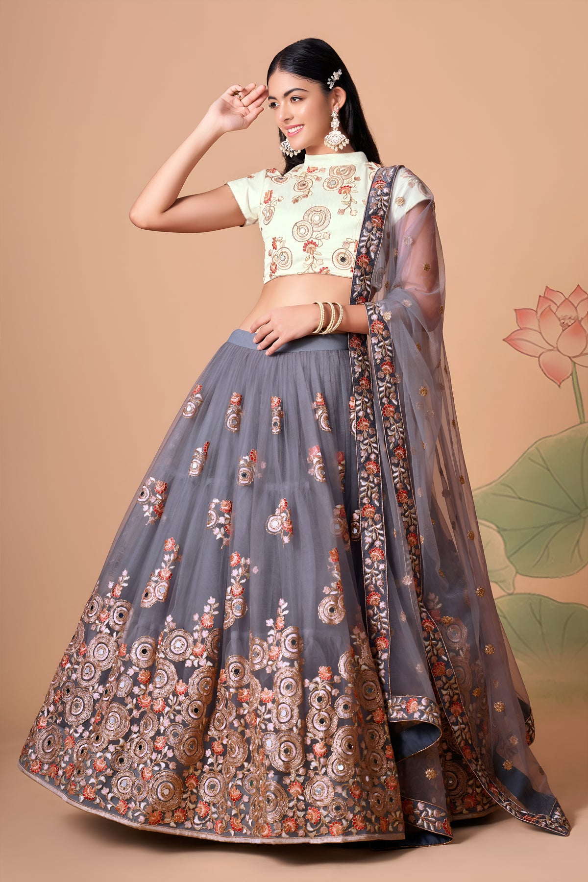 Grey Embroidered Lehenga Choli with Ivory Blouse and Matching Dupatta
