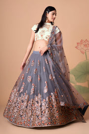 Grey Embroidered Lehenga Choli with Ivory Blouse and Matching Dupatta