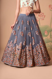 Grey Embroidered Lehenga Choli with Ivory Blouse and Matching Dupatta