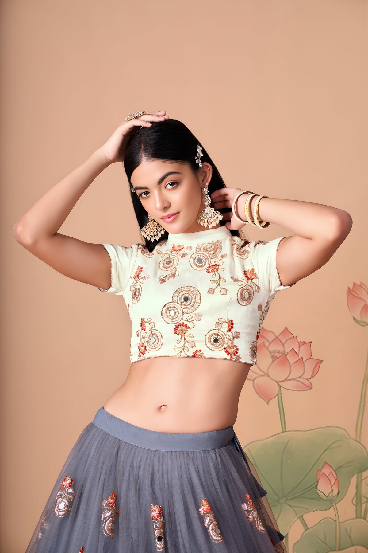 Grey Embroidered Lehenga Choli with Ivory Blouse and Matching Dupatta