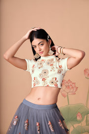 Grey Embroidered Lehenga Choli with Ivory Blouse and Matching Dupatta