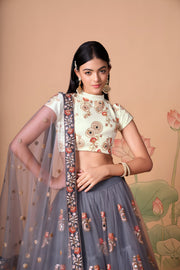Grey Embroidered Lehenga Choli with Ivory Blouse and Matching Dupatta