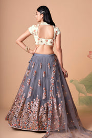 Grey Embroidered Lehenga Choli with Ivory Blouse and Matching Dupatta