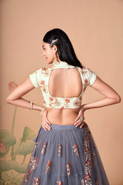 Grey Embroidered Lehenga Choli with Ivory Blouse and Matching Dupatta