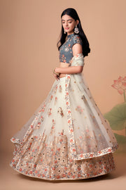 Ivory Lehenga Choli with Grey Blouse and Floral Embroidery