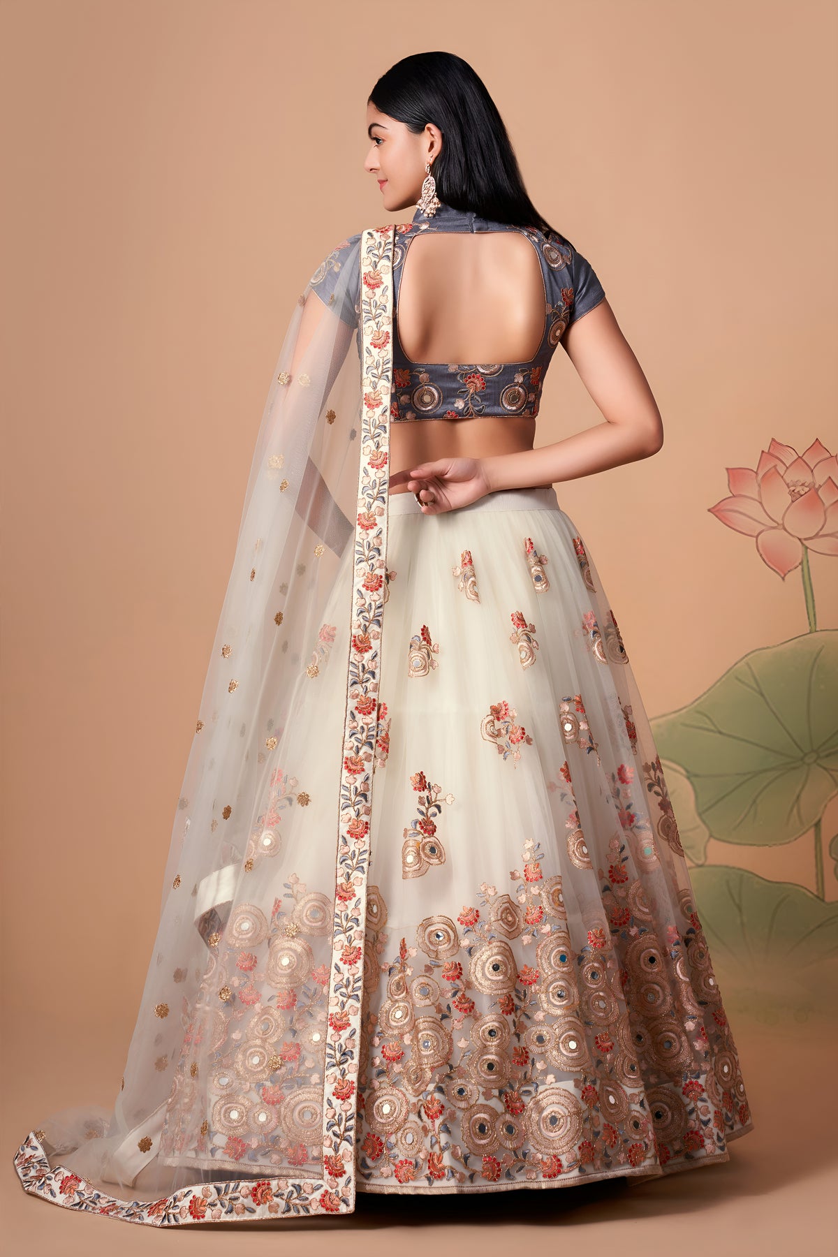Ivory Lehenga Choli with Grey Blouse and Floral Embroidery