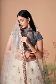 Ivory Lehenga Choli with Grey Blouse and Floral Embroidery