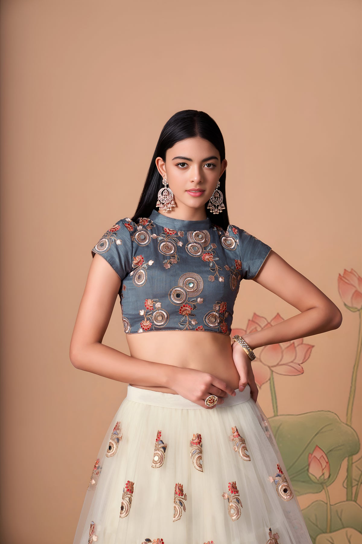 Ivory Lehenga Choli with Grey Blouse and Floral Embroidery