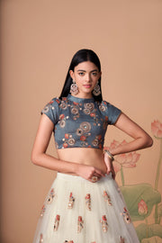 Ivory Lehenga Choli with Grey Blouse and Floral Embroidery