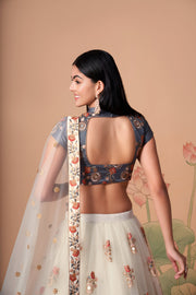 Ivory Lehenga Choli with Grey Blouse and Floral Embroidery