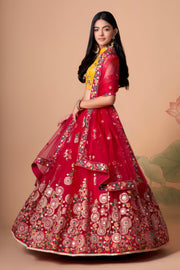 Rani Pink Lehenga Choli with Yellow Blouse and Floral Embroidered Dupatta